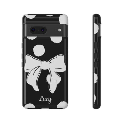 Personalized Black Polka Dot Bow Phone Case – Custom Name Coquette Retro Aesthetic