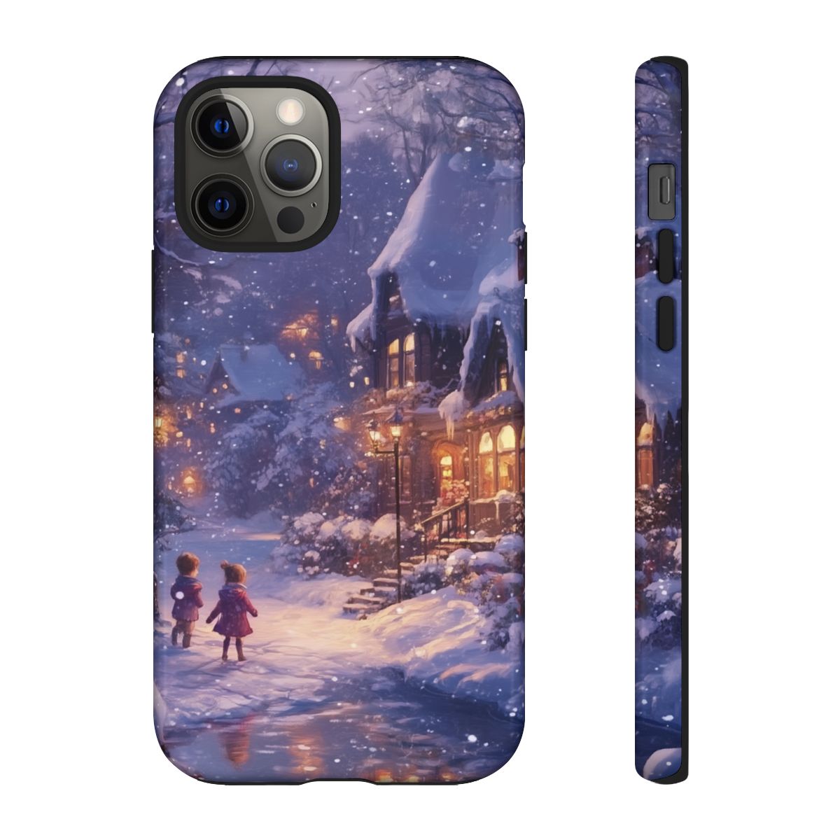 Whimsical winter holiday phone cover with snow-covered houses, warm window lights, and a frozen pond.