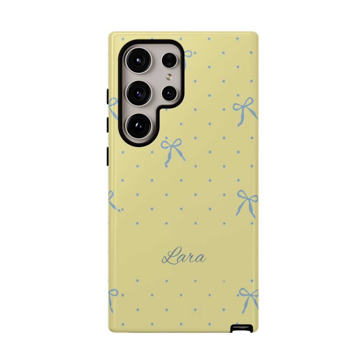Personalized Yellow Bow Phone Case – Custom Name Blue Polka Dot Aesthetic