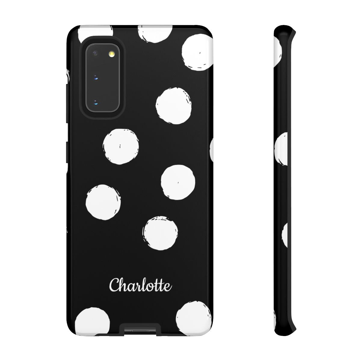 Personalized Black Polka Dot Phone Case – Custom Name Bold Monochrome Aesthetic
