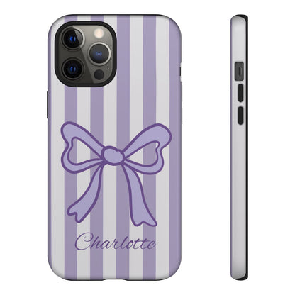 Personalized Lavender Bow Phone Case – Purple Striped Coquette Ribbon Aesthetic