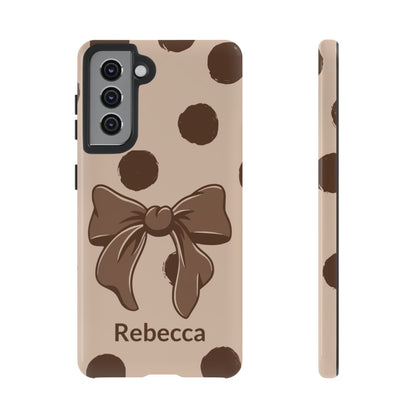 Personalized Brown Polka Dot Bow Phone Case – Custom Name Coquette Retro Aesthetic