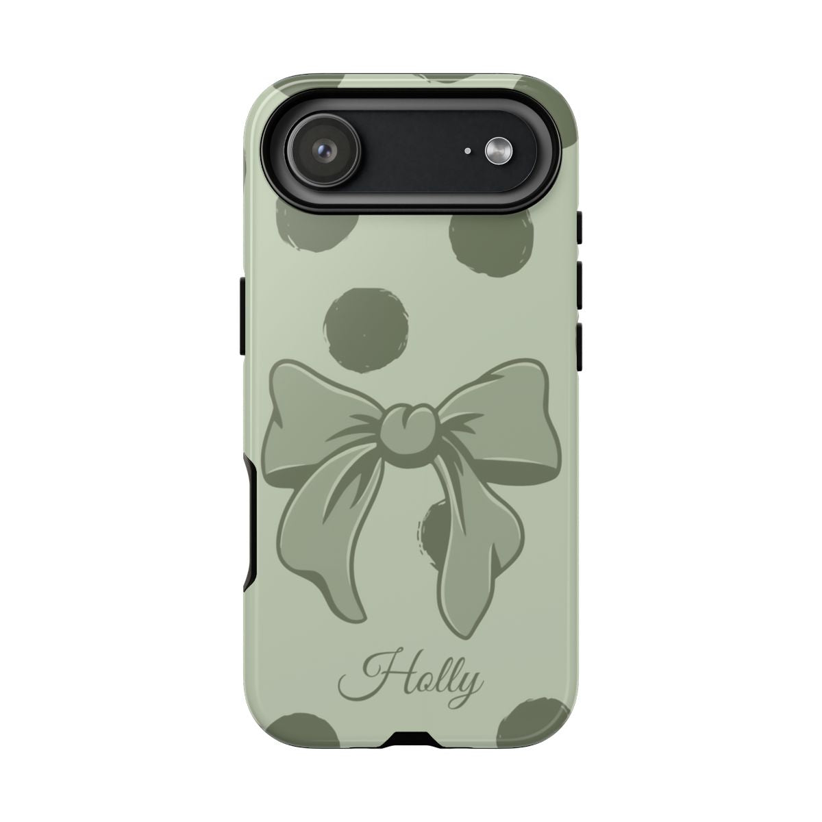 Personalized Sage Green Polka Dot Bow Phone Case – Custom Name Coquette Aesthetic