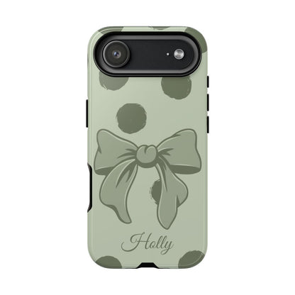 Personalized Sage Green Polka Dot Bow Phone Case – Custom Name Coquette Aesthetic