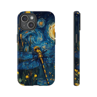 Detailed view of an artistic dragonfly design with thick oil paint textures in shades of navy, yellow, and teal.