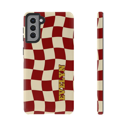 Personalized Burgundy Checkered Phone Case – Custom Name Wavy Retro Aesthetic