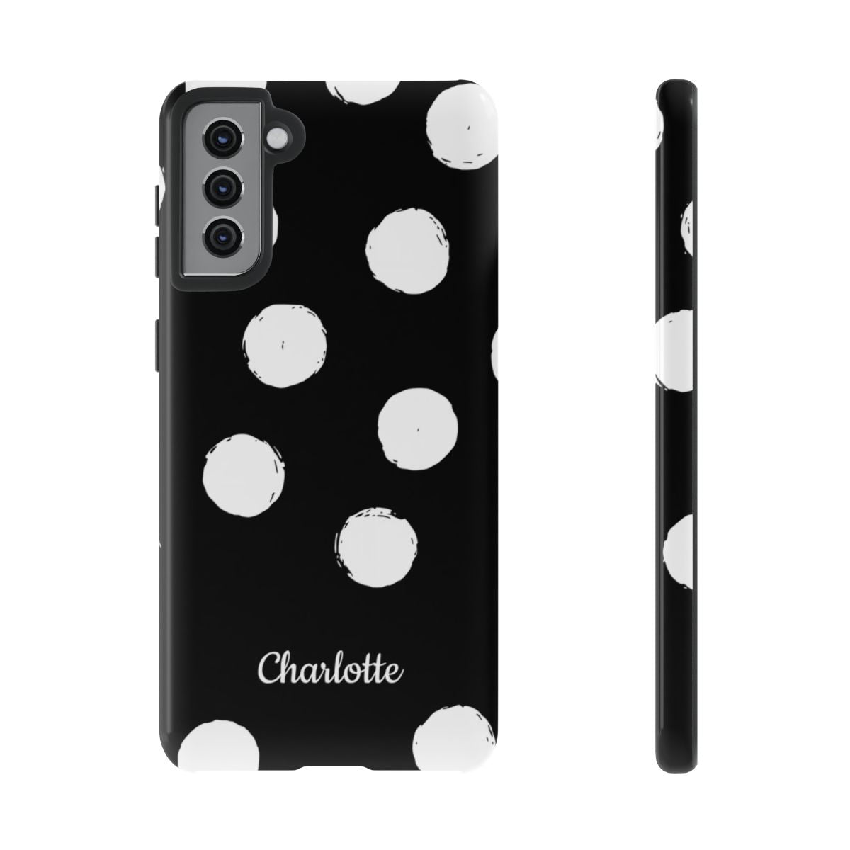 Personalized Black Polka Dot Phone Case – Custom Name Bold Monochrome Aesthetic