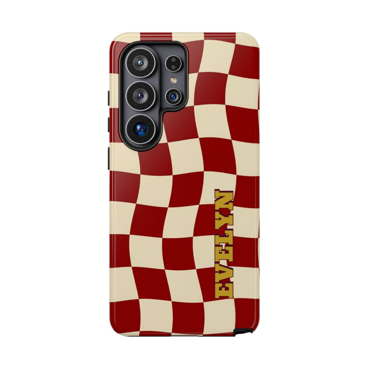 Personalized Burgundy Checkered Phone Case – Custom Name Wavy Retro Aesthetic
