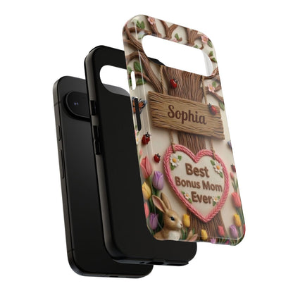 Personalized Bonus Mom Phone Case – Custom Name Clay Spring Garden Aesthetic