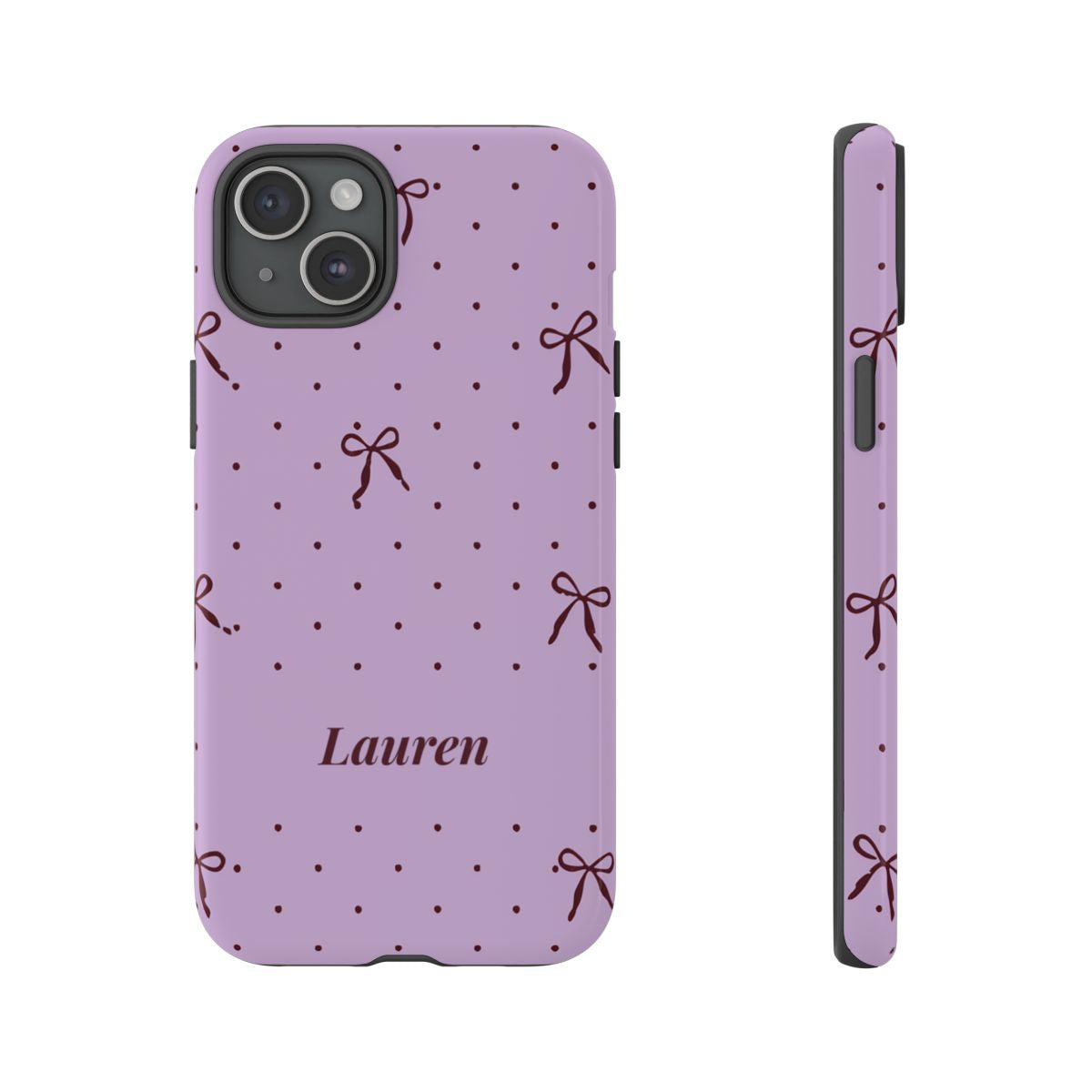 Personalized Lavender Bow Phone Case – Custom Name Polka Dot Coquette Aesthetic