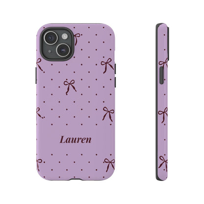 Personalized Lavender Bow Phone Case – Custom Name Polka Dot Coquette Aesthetic