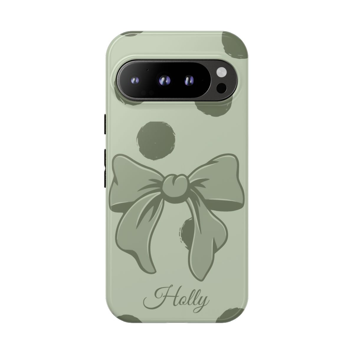 Personalized Sage Green Polka Dot Bow Phone Case – Custom Name Coquette Aesthetic