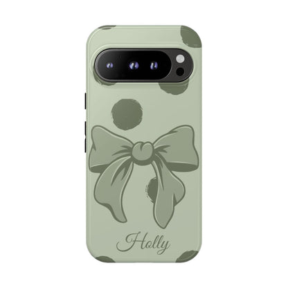 Personalized Sage Green Polka Dot Bow Phone Case – Custom Name Coquette Aesthetic