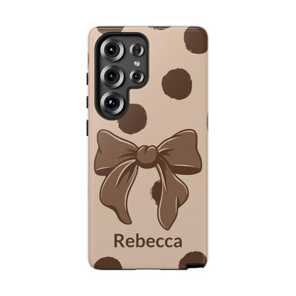 Personalized Brown Polka Dot Bow Phone Case – Custom Name Coquette Retro Aesthetic
