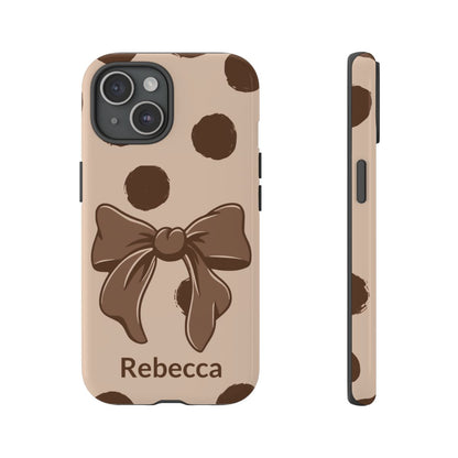 Personalized Brown Polka Dot Bow Phone Case – Custom Name Coquette Retro Aesthetic
