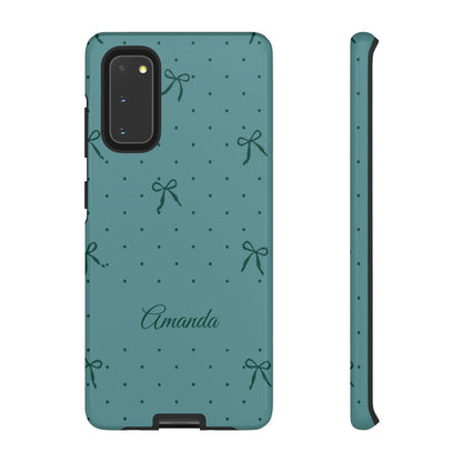 Personalized Teal Bow Phone Case – Custom Name Coquette Polka Dot Aesthetic