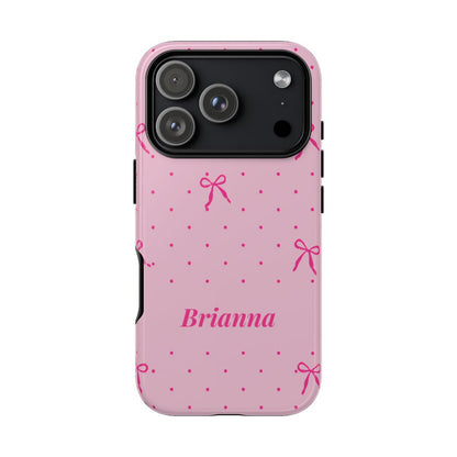 Pink bow phone case with polka dots and custom name