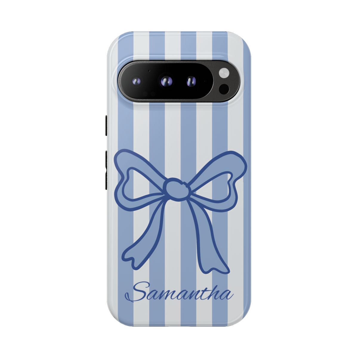 Personalized Coquette Bow Phone Case – Blue Striped Preppy Ribbon Aesthetic