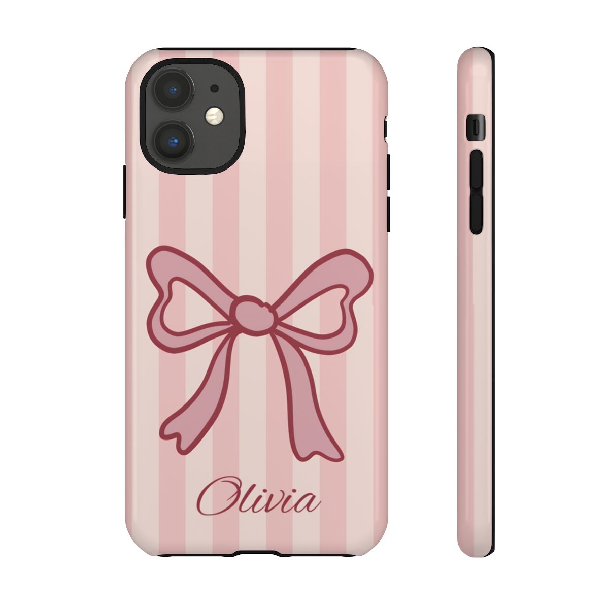 Personalized Pink Bow Phone Case – Soft Pastel Striped Coquette Aesthetic