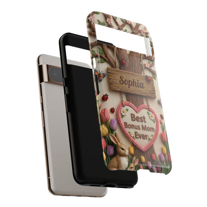 Personalized Bonus Mom Phone Case – Custom Name Clay Spring Garden Aesthetic