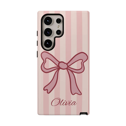 Personalized Pink Bow Phone Case – Soft Pastel Striped Coquette Aesthetic