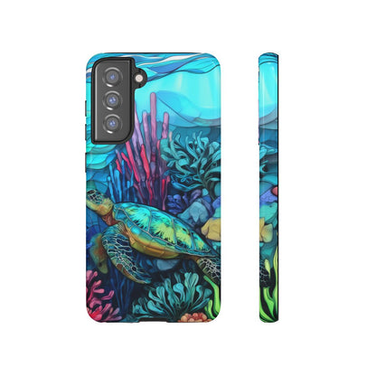 Stained Glass Turtle Phone Case – Coastal Blue Ocean Mosaic Aesthetic