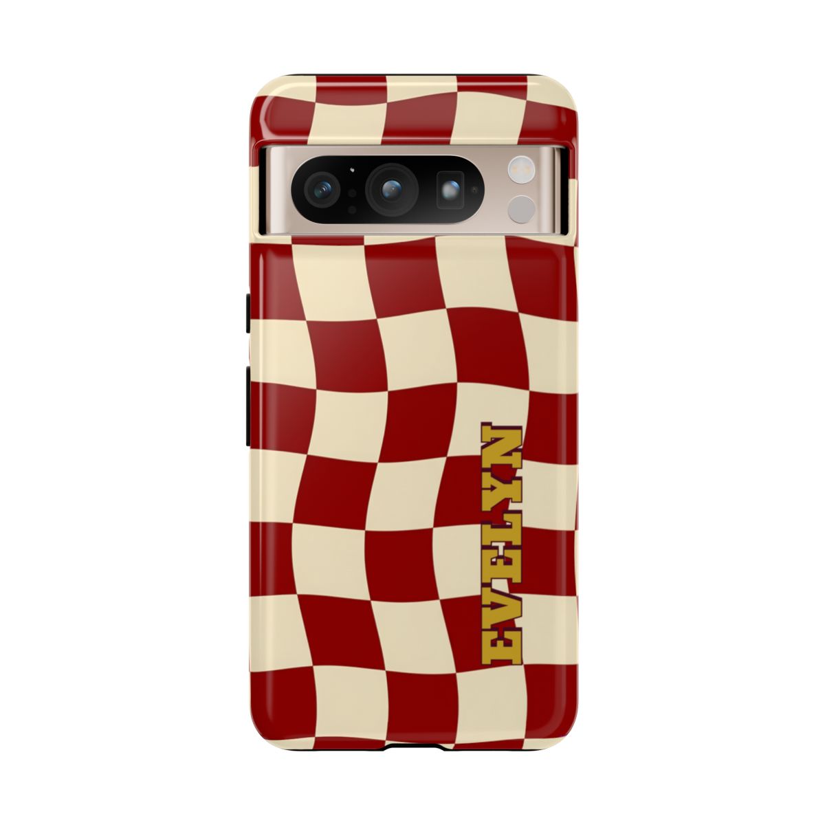 Personalized Burgundy Checkered Phone Case – Custom Name Wavy Retro Aesthetic