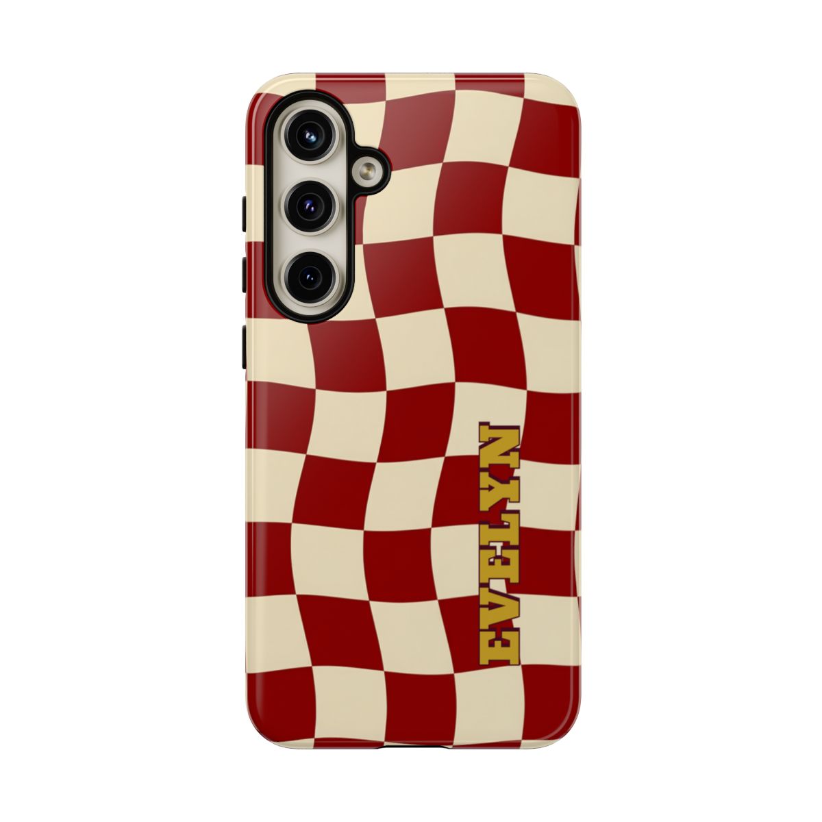 Personalized Burgundy Checkered Phone Case – Custom Name Wavy Retro Aesthetic