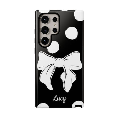 Personalized Black Polka Dot Bow Phone Case – Custom Name Coquette Retro Aesthetic