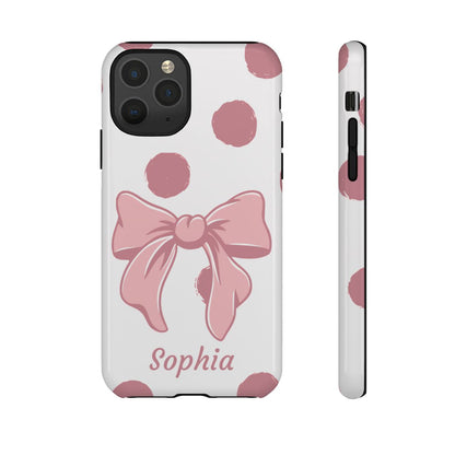 Personalized Pink Polka Dot Bow Phone Case – Custom Name Coquette Aesthetic