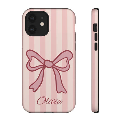 Personalized Pink Bow Phone Case – Soft Pastel Striped Coquette Aesthetic