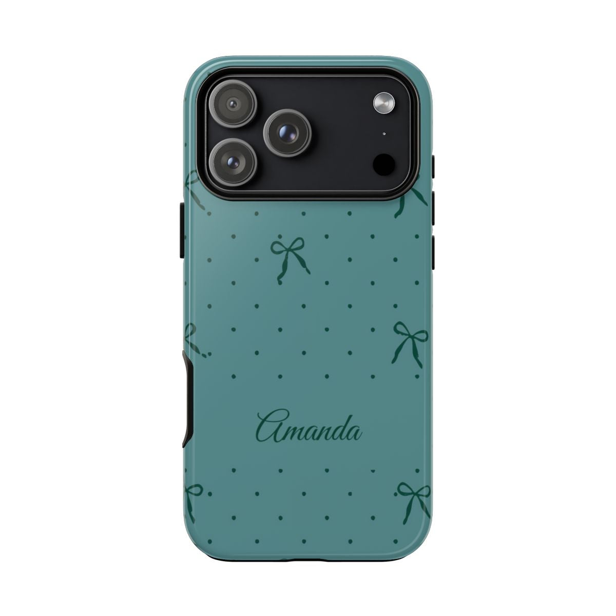 A teal phone case with a pattern of small black bows and polka dots, featuring the name 'Amanda' printed in cursive near the bottom. The case is shown on a plain white background.