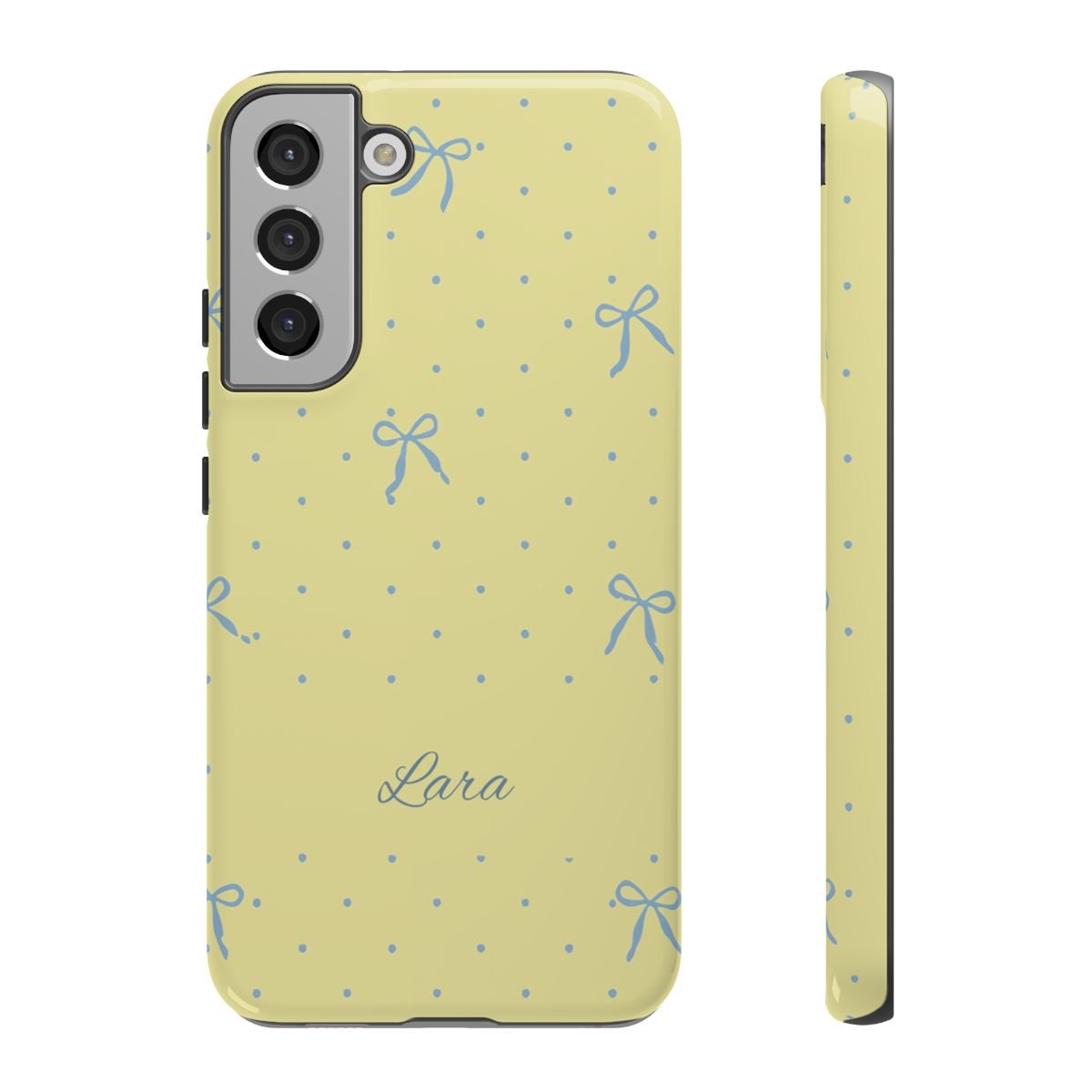 Personalized Yellow Bow Phone Case – Custom Name Blue Polka Dot Aesthetic