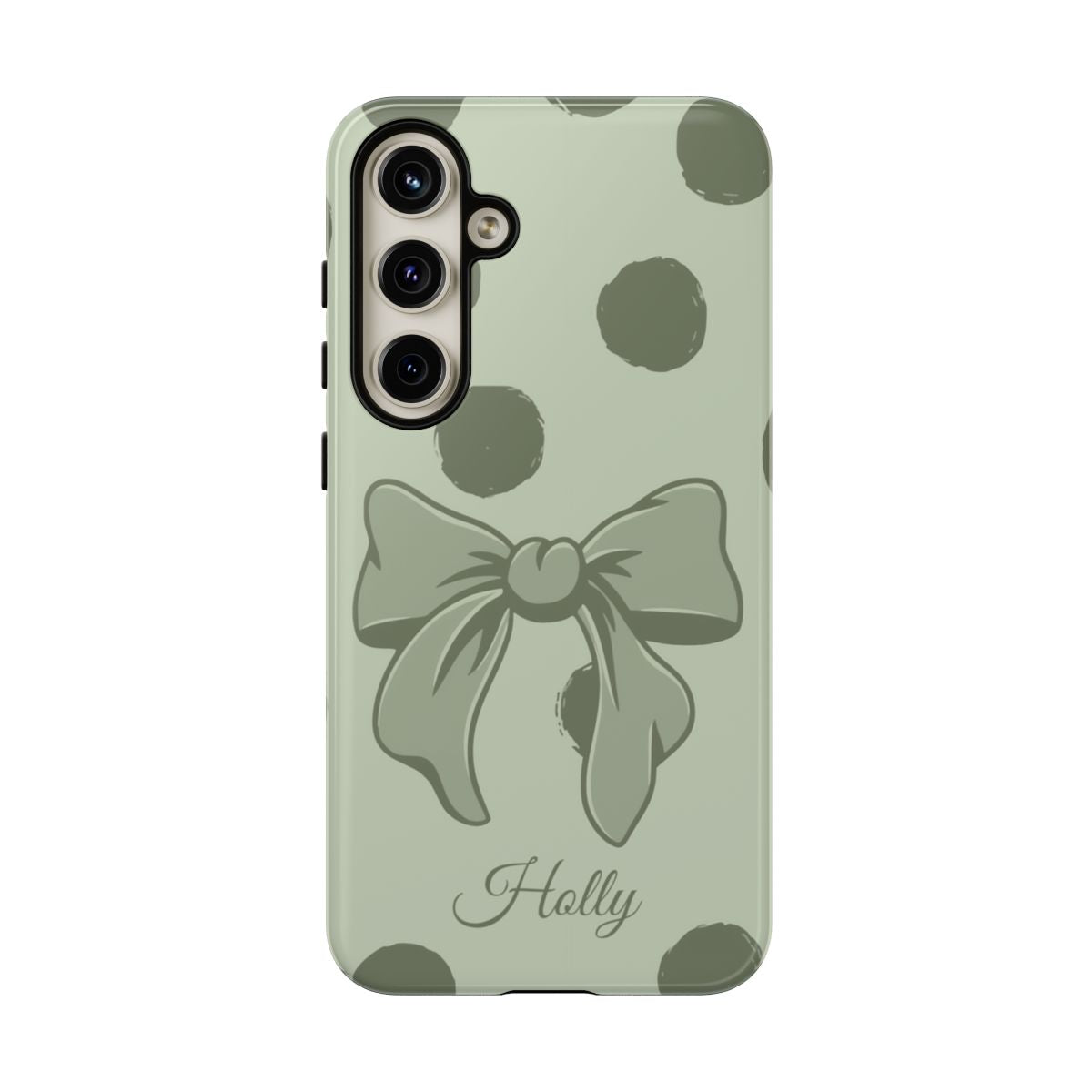 Personalized Sage Green Polka Dot Bow Phone Case – Custom Name Coquette Aesthetic