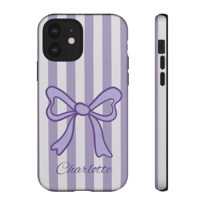 Personalized Lavender Bow Phone Case – Purple Striped Coquette Ribbon Aesthetic