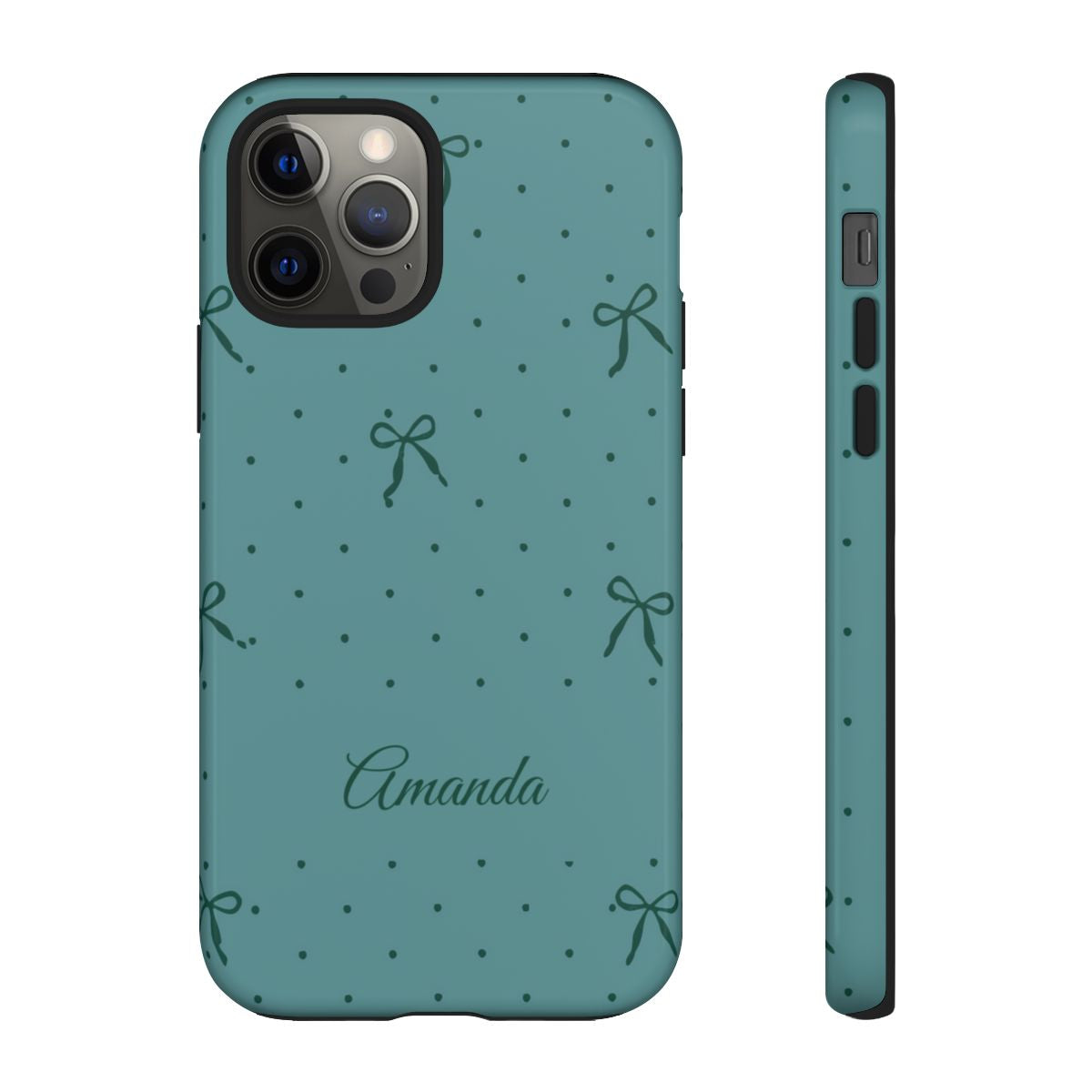 Personalized Teal Bow Phone Case – Custom Name Coquette Polka Dot Aesthetic