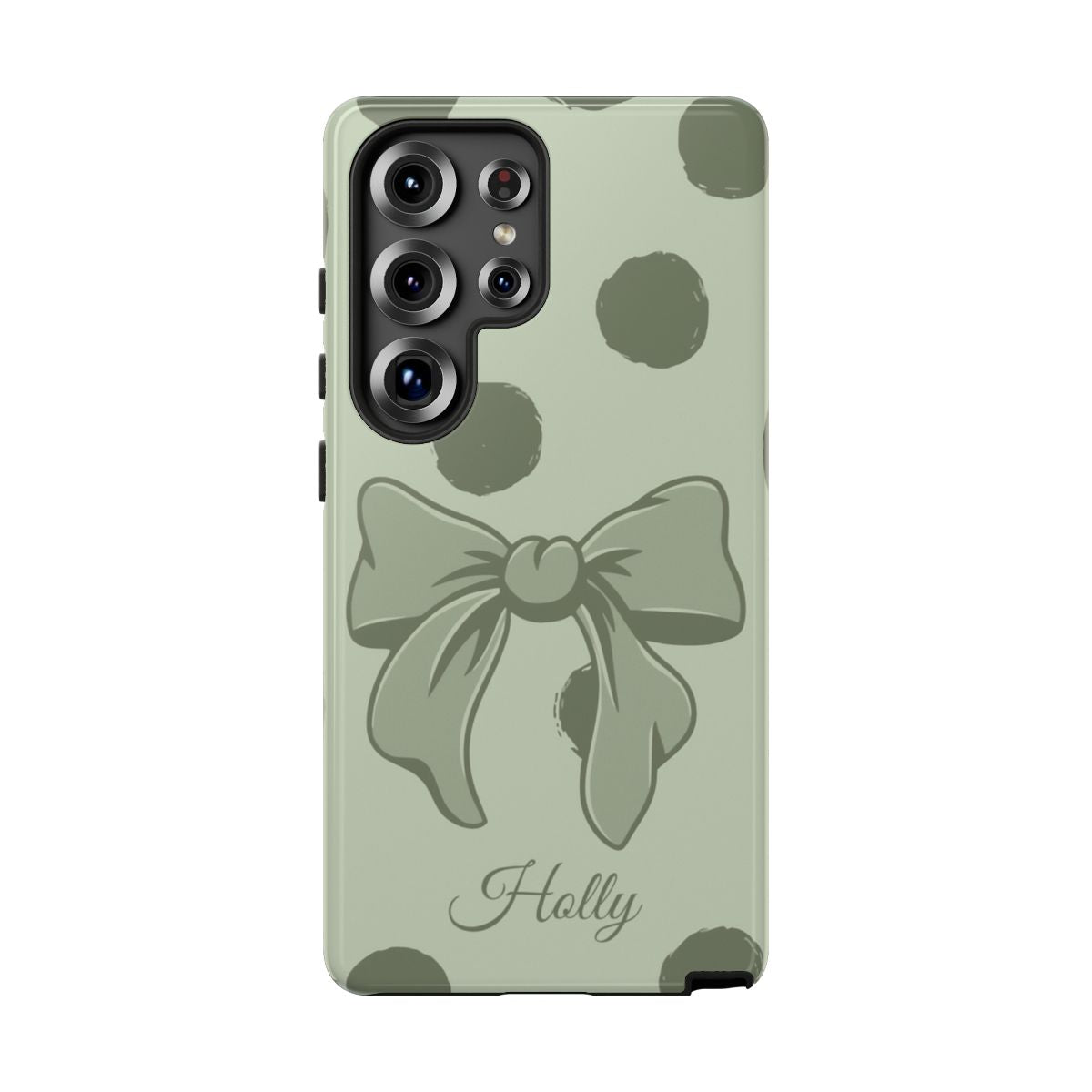 Personalized Sage Green Polka Dot Bow Phone Case – Custom Name Coquette Aesthetic