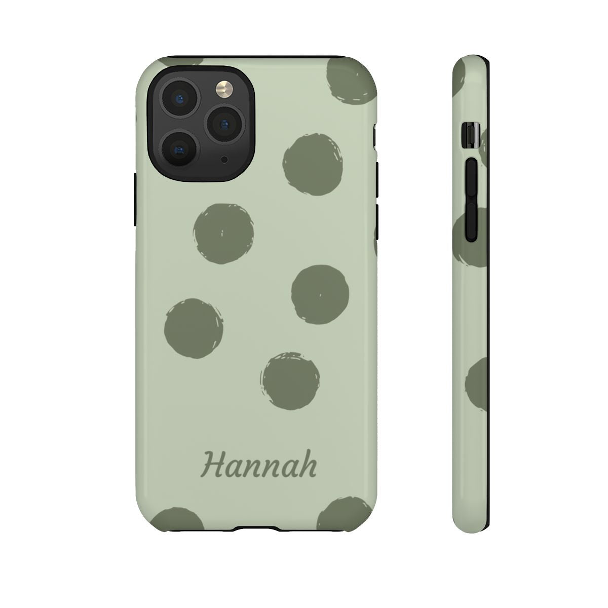 Personalized Sage Green Polka Dot Phone Case – Custom Name Matcha Aesthetic