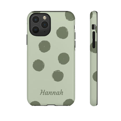 Personalized Sage Green Polka Dot Phone Case – Custom Name Matcha Aesthetic
