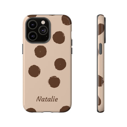 Personalized Brown Polka Dot Phone Case – Custom Name Neutral Boho Aesthetic