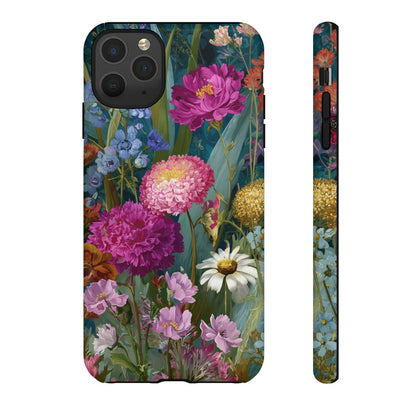 A premium phone case showcasing a lush botanical garden print in a vintage oil painting style, featuring rich shades of magenta, lavender, and gold.