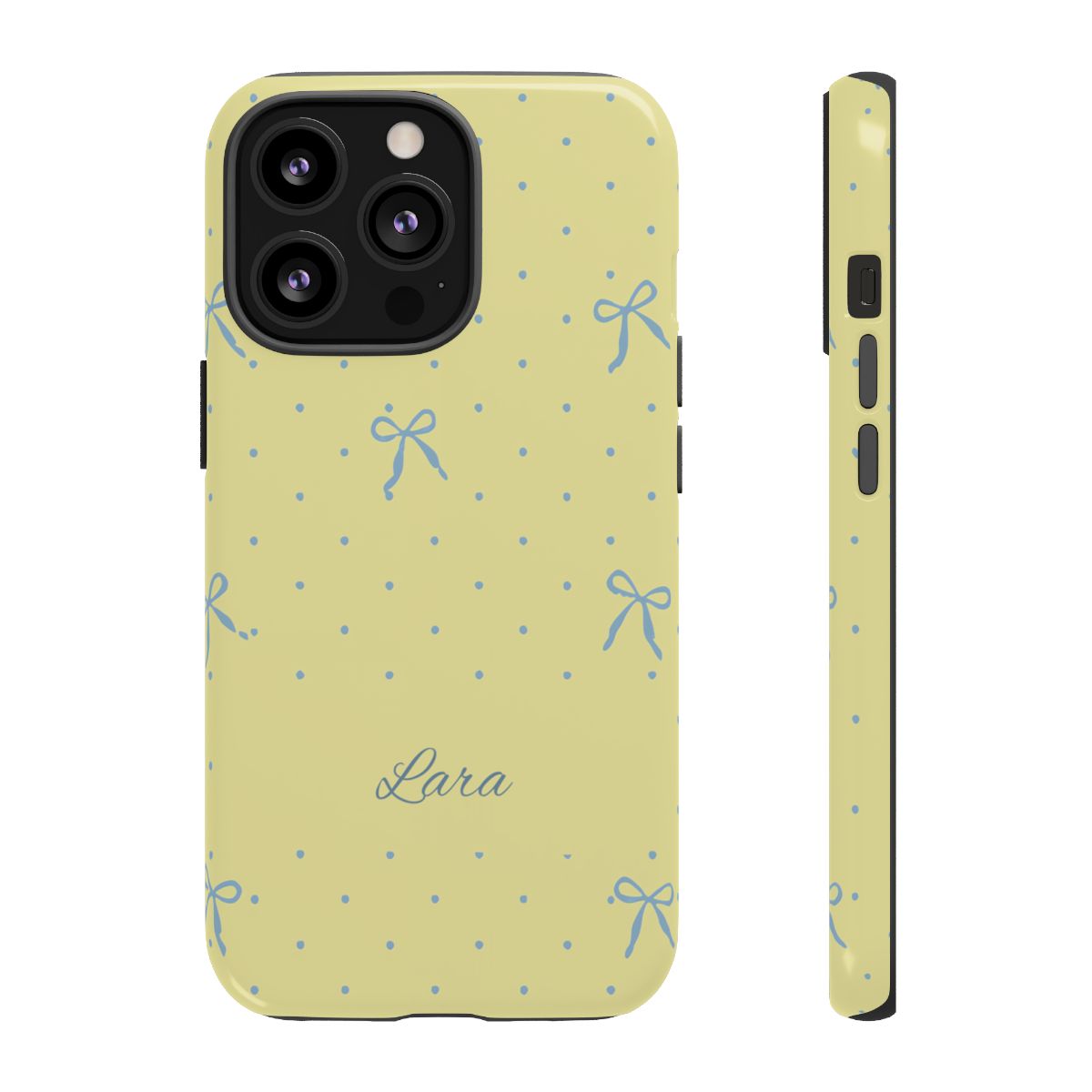 Personalized Yellow Bow Phone Case – Custom Name Blue Polka Dot Aesthetic