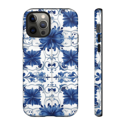 Classic Mediterranean style phone cover with symmetrical cobalt blue ceramic tile designs.