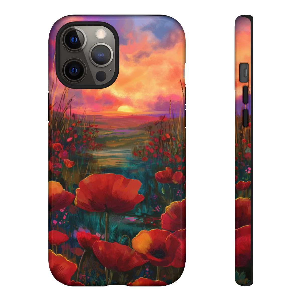 Impressionist-style phone cover with vibrant red wildflowers and a glowing sun setting over a river.