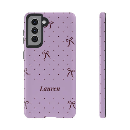 Personalized Lavender Bow Phone Case – Custom Name Polka Dot Coquette Aesthetic