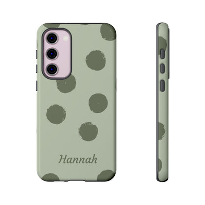 Personalized Sage Green Polka Dot Phone Case – Custom Name Matcha Aesthetic
