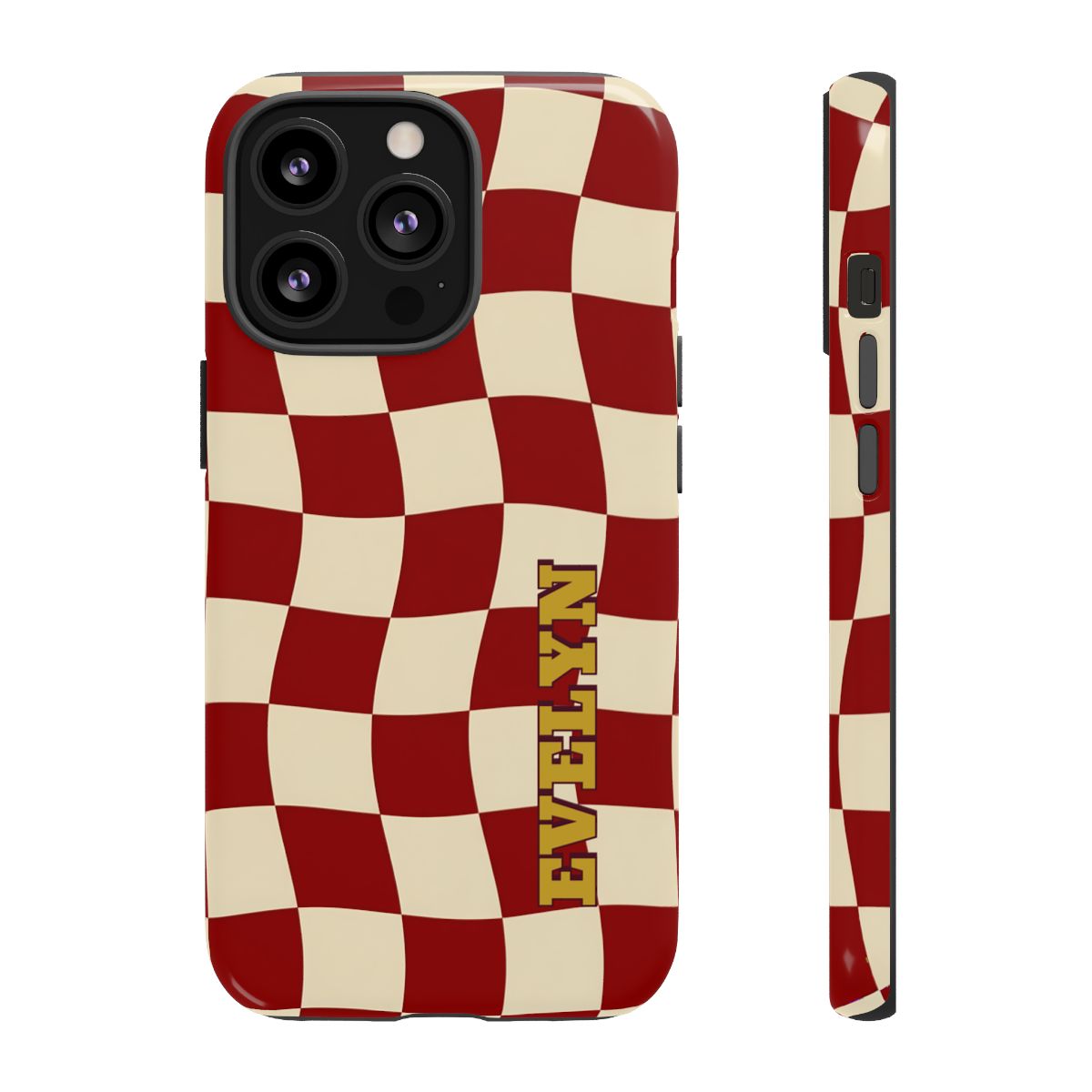 Personalized Burgundy Checkered Phone Case – Custom Name Wavy Retro Aesthetic