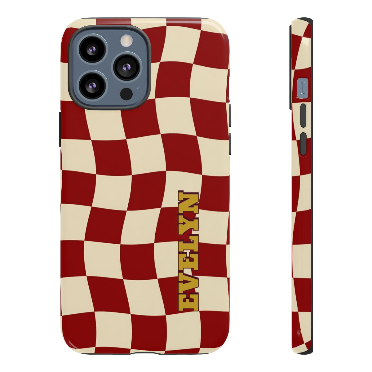 Personalized Burgundy Checkered Phone Case – Custom Name Wavy Retro Aesthetic