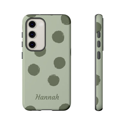 Personalized Sage Green Polka Dot Phone Case – Custom Name Matcha Aesthetic