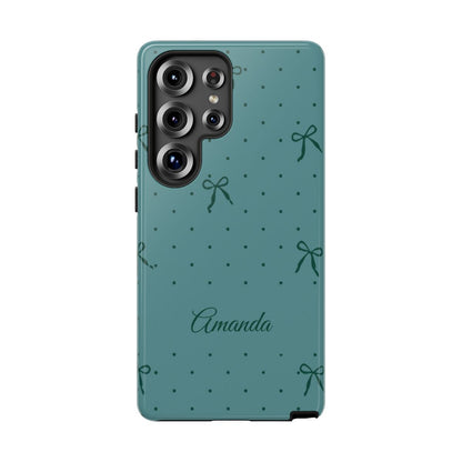 Personalized Teal Bow Phone Case – Custom Name Coquette Polka Dot Aesthetic
